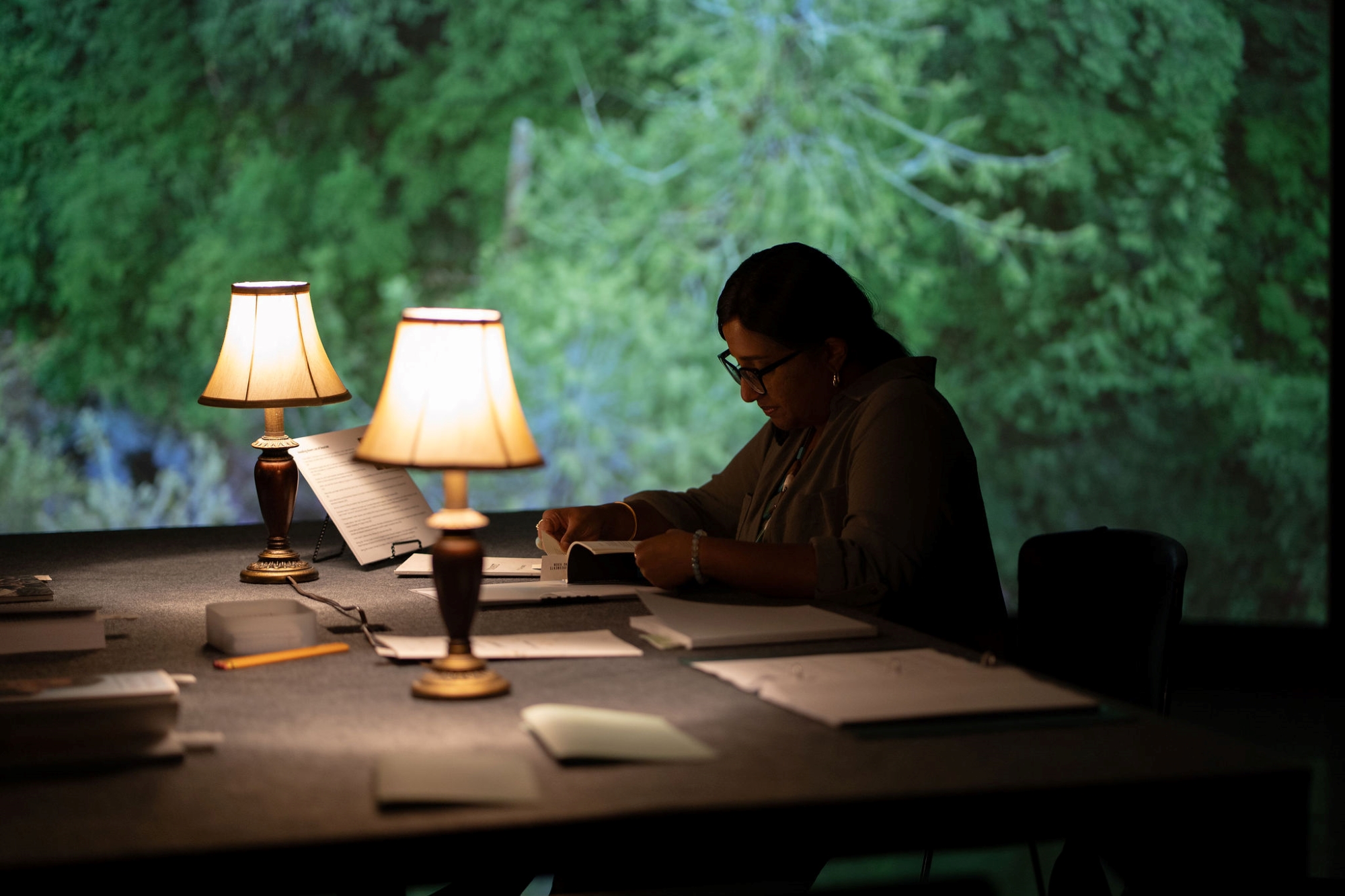 Installation view with guest using the reading room resources.