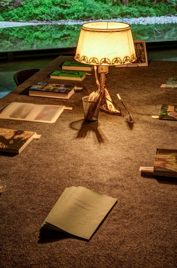 Installation view of reading room and projection