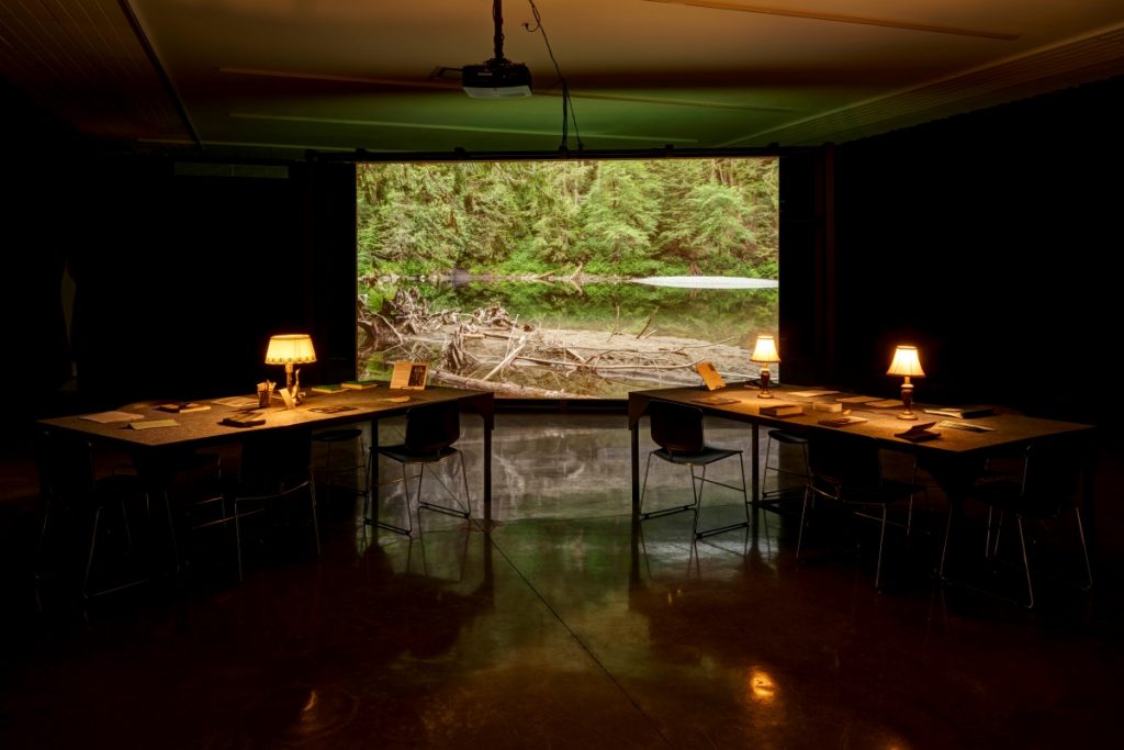 Installation view with seating, two felt-covered tables, antique lamps, selected reading material, pencils and comments cards with video projection in the background.